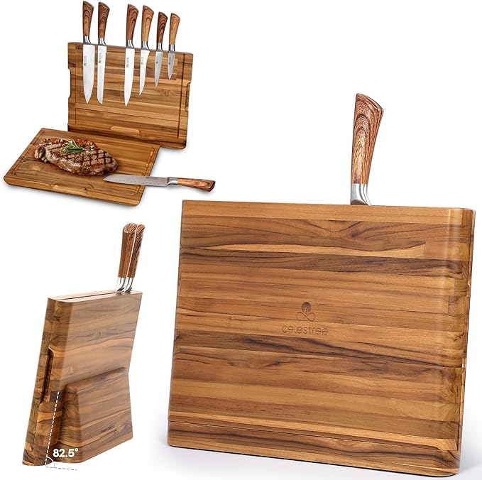 2 - in - 1 Magnetic Knife Block Holder with 16"x11" Teak Cutting Board, Crafted from Premium Natural Teak Wood,Juice Grooves, Kitchen Organizer for Home Chefs