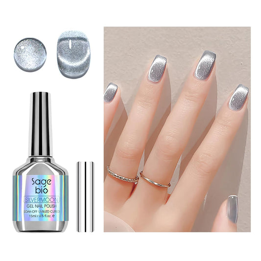 Cat Eye Gel Nail Polish with Magnet Stick, 15ml Glitter Holographic Nail Polish, Magnetic Effect Gel for Home DIY Manicure Gift, Silver Dust-BrightBean Baby