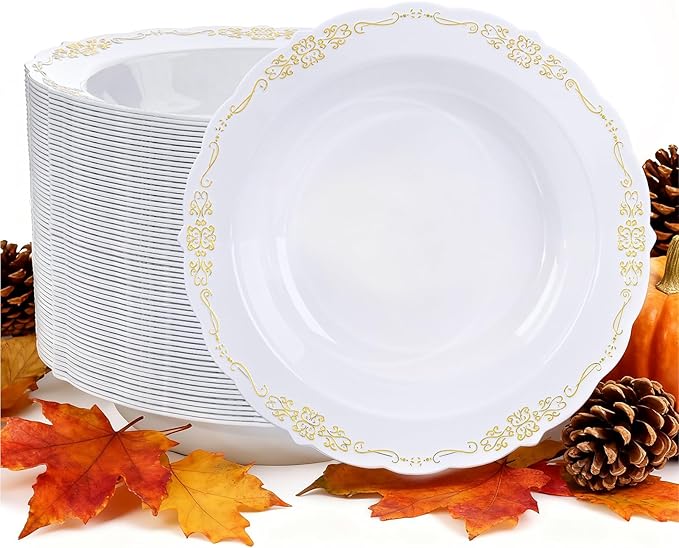 DaYammi 50 Pack Plastic Bowls with Gold Rim, 12oz Disposable Soup Bowls, Heavy Duty Dinner Bowls for Weddings, Parties, Dinners, Catering and Everyday Use