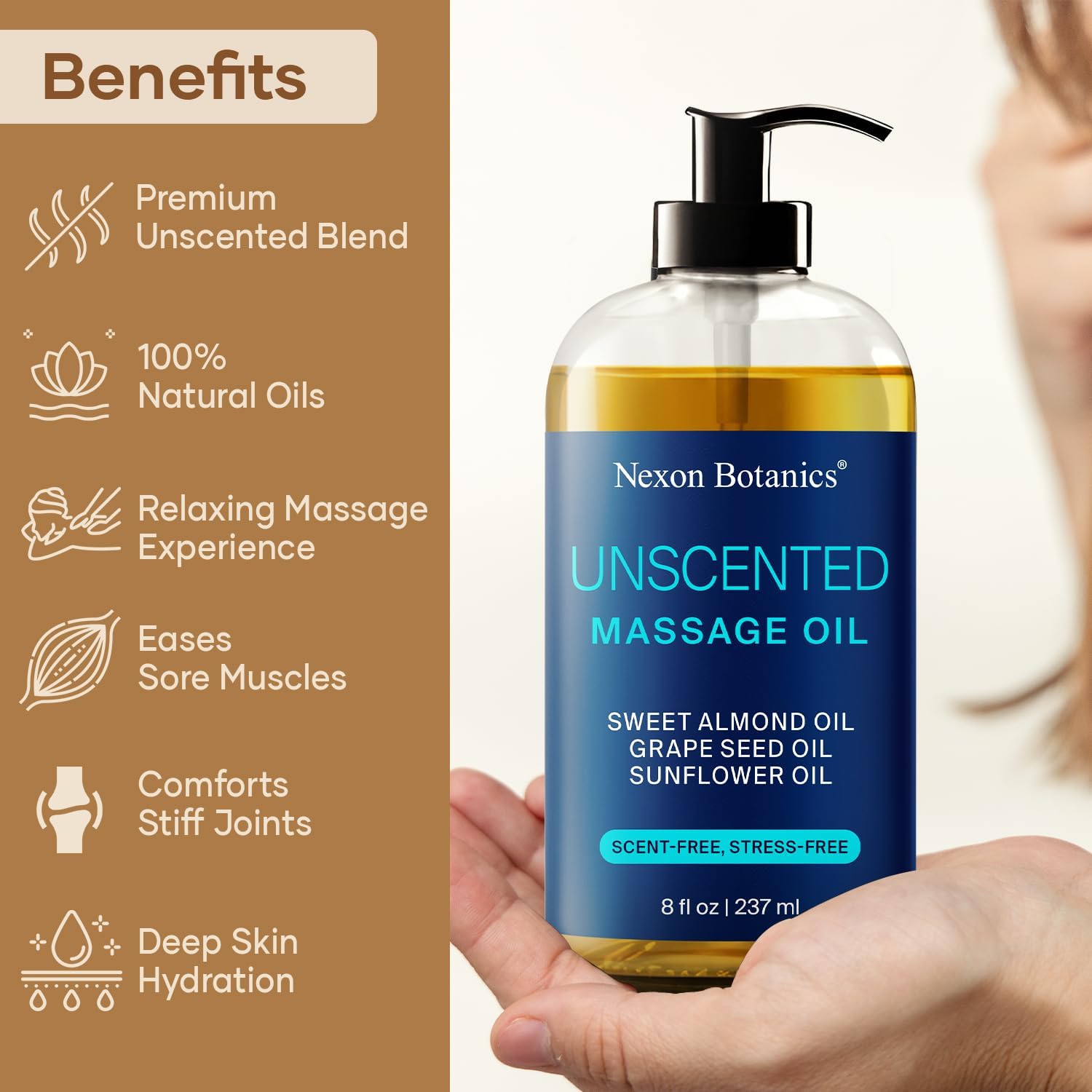 Unscented Massage Oil for Massage Therapy 8 fl oz - Refreshing and Relaxing - Natural Oils with Sweet Almond, Grape Seed and Sunflower Oil - for Men and Women - Nexon Botanics-BrightBean Baby