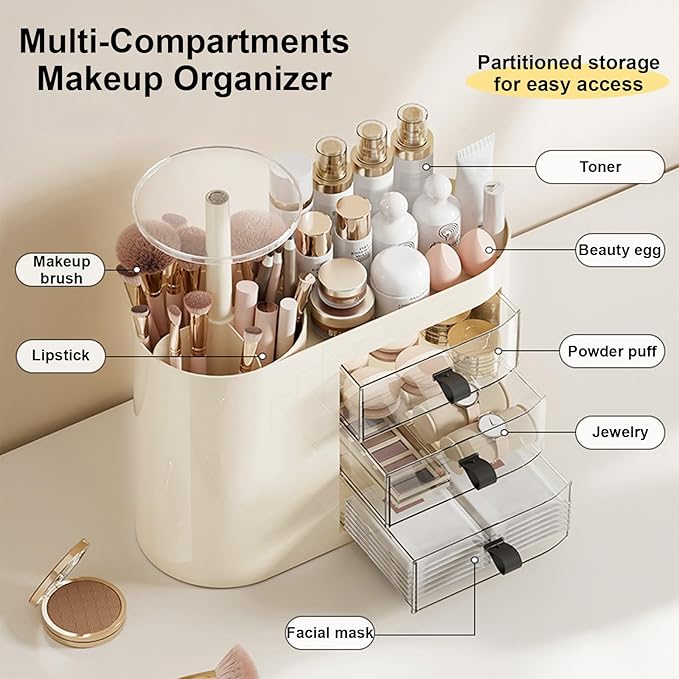 DASITON Makeup Organizer with 3 Drawers,Automatic Lifting Makeup Brush Holder with Lid,Large Capacity Makeup Organizers for Vanity,Bathroom Countertop,Ideal Storage Skin Care,Brushes,Lipstick (Cream)-BrightBean Baby