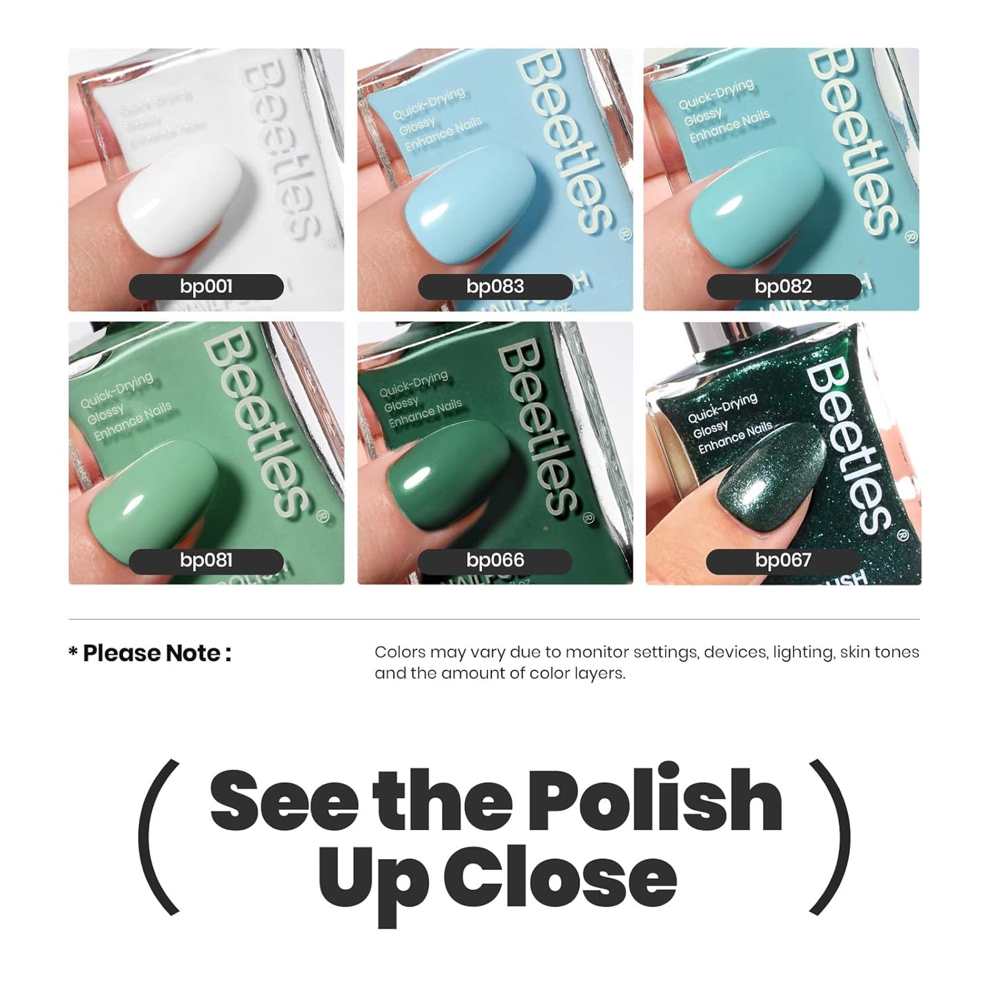 Beetles Green Nail Polish Set P181, 6 Colors Blue White Nail Polish Set, Green Collection Quick Dry Long Lasting Manicure Patricks Day DIY Nail Art Salon Home Gift For Women-BrightBean Baby