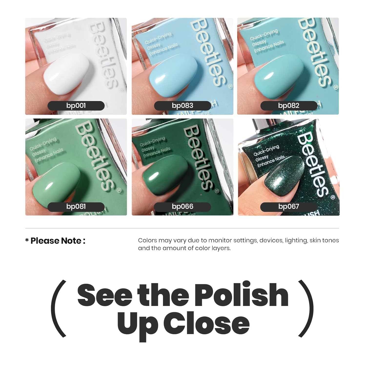 Beetles Green Nail Polish Set P181, 6 Colors Blue White Nail Polish Set, Green Collection Quick Dry Long Lasting Manicure Patricks Day DIY Nail Art Salon Home Gift For Women-BrightBean Baby