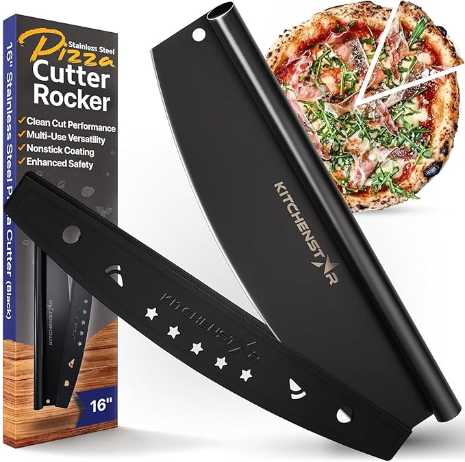 KitchenStar 16-Inch Pizza Cutter Rocker Blade - Sharp Stainless Steel Slicer Knife, Protective Cover, Black Nonstick, Large - Professional Pizza Oven Accessories