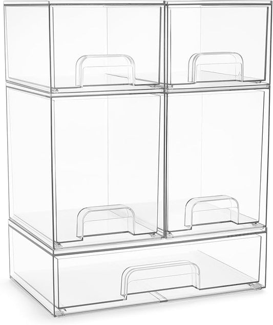 Sorbus Acrylic Storage Containers - 5 Pack, Stackable Storage Bins Set for Bathroom Organization - Clear Acrylic Drawer Organizers - Makeup Case Pull-Out Drawers (7.6’’ and 4.4’’ Tall and 12.1’’ Wide)-BrightBean Baby