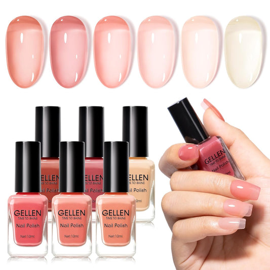 GELLEN Clear Pink Nail Polish, Sheer Pink Jelly Natural Regular Nail Polish Quick Dry Summer 6 Light Colors Set for Acrylic Natural Nails Home Salon, Chip Resistant, Non UV Gel, Hema Free, Non Toxic-BrightBean Baby