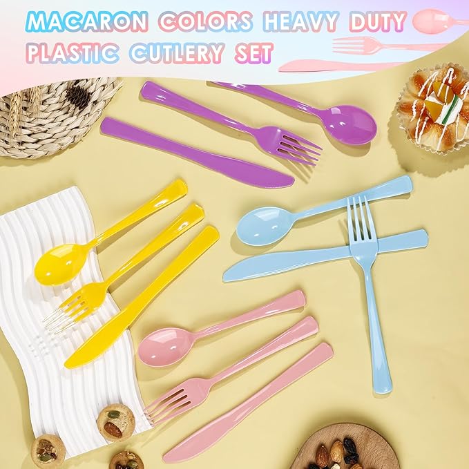 300 Pack Pink Blue Purple Yellow Disposable Plastic Silverware Heavy Duty, Plastic Cutlery Set,Forks and Spoons Knives Set for Birthday Party Prom Night, Weddings, (Macaron Colors)