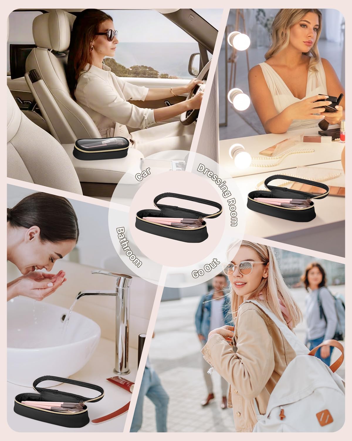 Clear Travel Makeup Brush Holder, Leather Makeup Brush Toiletry Bag, Portable Cosmetic Brush Case, Transparent Waterproof Makeup Brush Storage Bag, Black-BrightBean Baby