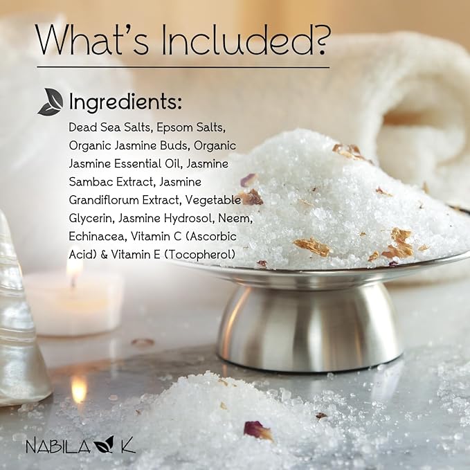 Organic Jasmine Bath Salts by Nabila K - Dead Sea Salt & Epsom Salt Scrub & Soak - Exfoliates & Hydrates Skin, Botanical Essential Oils - Bubble Bath Accessories for All Skins Types, 2 oz-BrightBean Baby