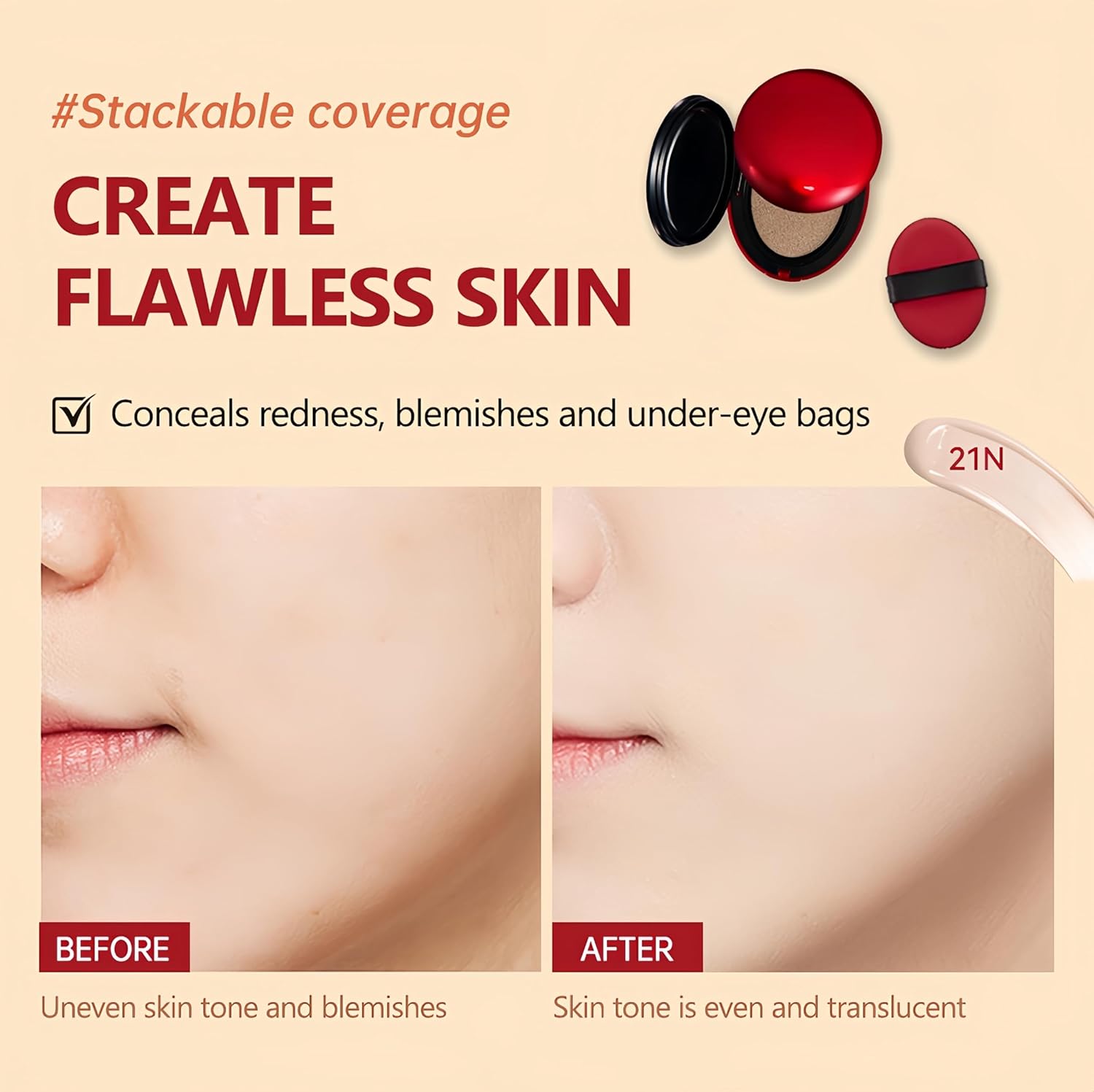 MAEPEOR Cushion Foundation 9 Colors Full Coverage Weightless Satin Glow Foundation Hydrating Long-Lasting Cushion BB Cream (Color 04)-BrightBean Baby