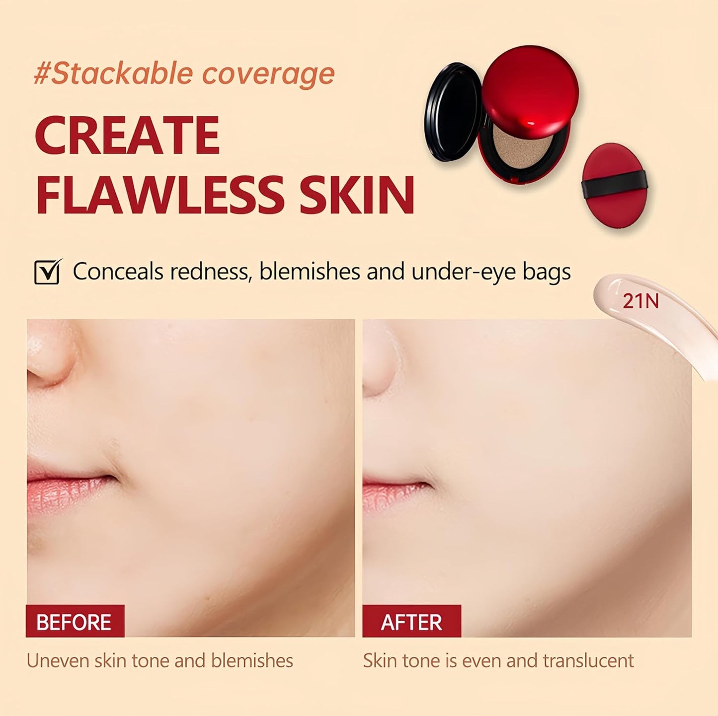 MAEPEOR Cushion Foundation 9 Colors Full Coverage Weightless Satin Glow Foundation Hydrating Long-Lasting Cushion BB Cream (Color 01)-BrightBean Baby