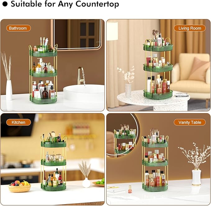 Awenia Rotating Makeup Organizer 360, Stackable Adjustable Large Capacity Cosmetic Storage Unit,Dresser Bathroom Kitchen Countertop Organizer with Metal Handle, Plus Size (Gem Green, 3 Tier)-BrightBean Baby