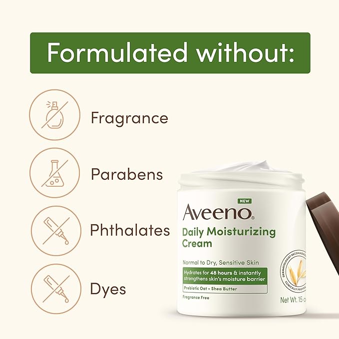Aveeno Daily Moisturizing Cream with Prebiotic Oat & Shea Butter for Body, Face & Hands Moisturizer Cream, Hydrates Normal to Dry, Sensitive Skin, Fragrance Free, Non-Comedogenic, 20 oz-BrightBean Baby
