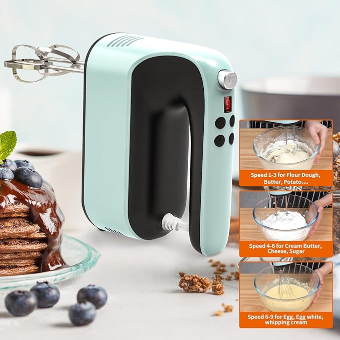 9-Speed Digital Hand Mixer Electric, 400W Powerful DC Motor, Baking Mixer Handheld with Snap-On Storage Case, Touch Button, Turbo Boost, Dough Hooks, Whisk (Ice Blue)