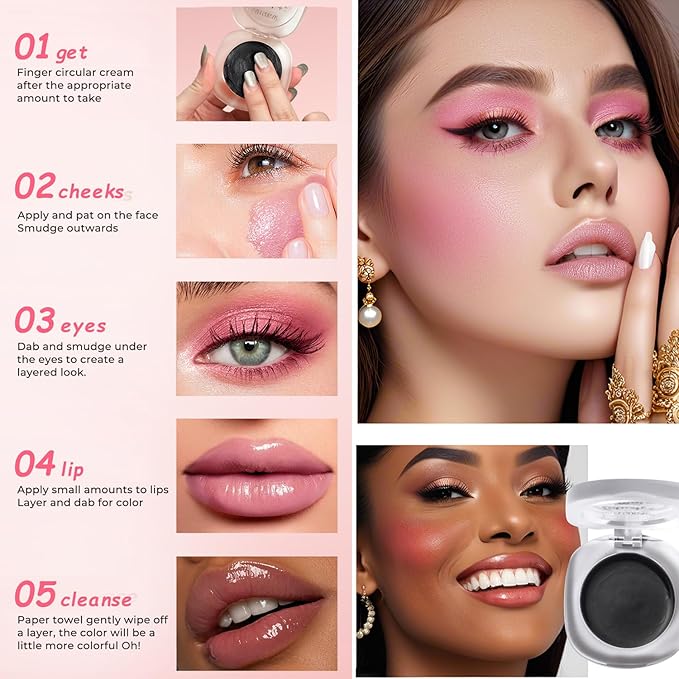 Cream Blush Makeup, Natural Pink/Black Glossy Face Blusher, Color Changing Cream Blush for Cheek and Lip Tint, Blendable Formula, Matte and Dewy Finish Lightweight Blush Makeup (Black, One)-BrightBean Baby