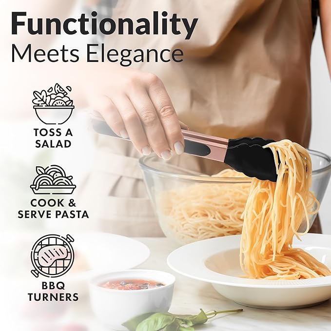 Zulay Stainless Steel Kitchen Tongs with Silicone Tips - Set of 2 (9” & 12”) Locking Cooking Tongs with Non-Slip Grip - Heat Resistant, BBQ Food Tongs for Non-Stick Cooking Pans (Rose Gold/Black)