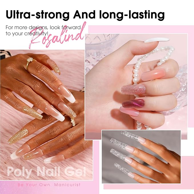 ROSALIND Poly Nail Gel Kit -12 Colors + Nail Art Accessories kit Clear Nude Poly Nails Gel Kit Starter Kit With Slip Solution Pro Nude Pink Nail Extensions Gel Set with Mini UV Lamp-BrightBean Baby