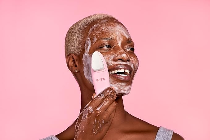 LOLLIPOP Dual-Sided Facial Cleansing Brush | Handle Size Silicone Face Exfoliator and Soft Fiber Cleanser | Manual Face Scrubber for Pores, Makeup Removal, Blackhead and Skincare Routine, Bubblegum-BrightBean Baby