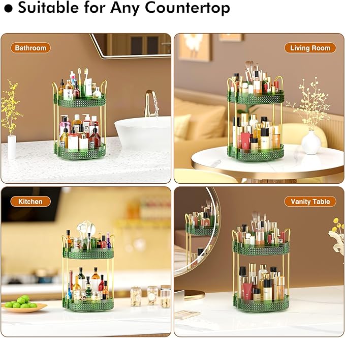 Awenia Rotating Makeup Organizer 360, Stackable Adjustable Large Capacity Cosmetic Storage Unit,Dresser Bathroom Kitchen Countertop Organizer with Metal Handle, Plus Size (Gem Green, 2 Tier)-BrightBean Baby