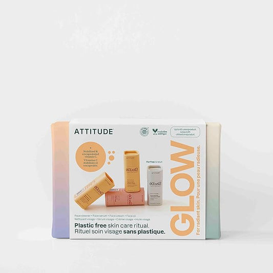 ATTITUDE Oceanly Radiant Skin Daily Facial Care Routine Box Set, EWG Verified, Plastic-free, Plant and Mineral-Based Ingredients, Vegan and Cruelty-free, PHYTO GLOW, Set of 4 Travel Size Bars-BrightBean Baby
