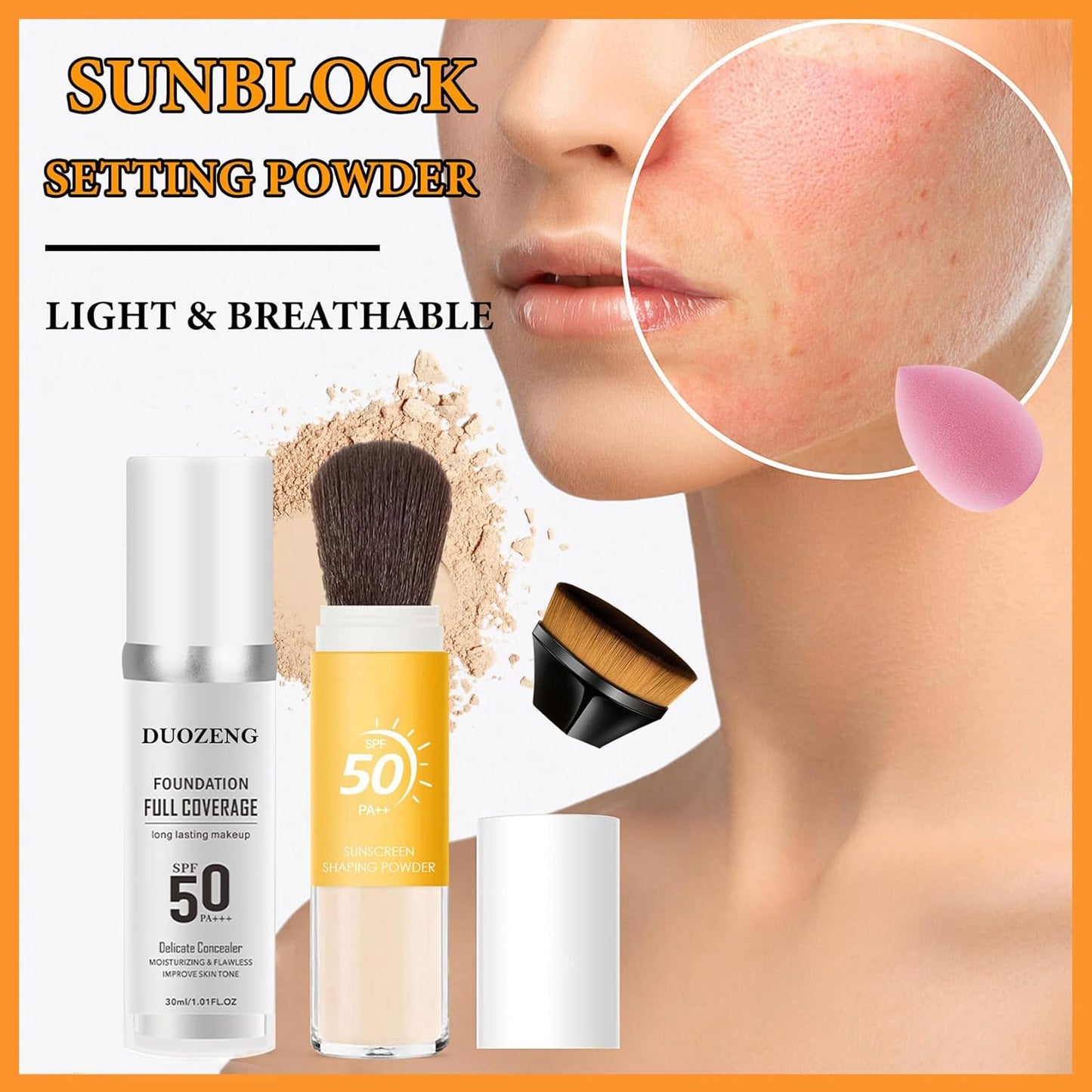 Sunscreen Setting Powder,Warm Change Foundation,Brush Setting Makeup SPF 50 PA++ for All Skin,Moisturizing Loose Face Powder with Sunscreen Brush-BrightBean Baby