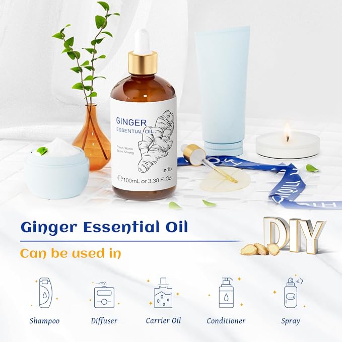 HIQILI Pure Ginger Essential Oil 3.38 Fl Oz, Pure Natural Premium Ginger Oil for Massage, Diffuser, Large Bottle with Dropper & Gift Box -100ml-BrightBean Baby