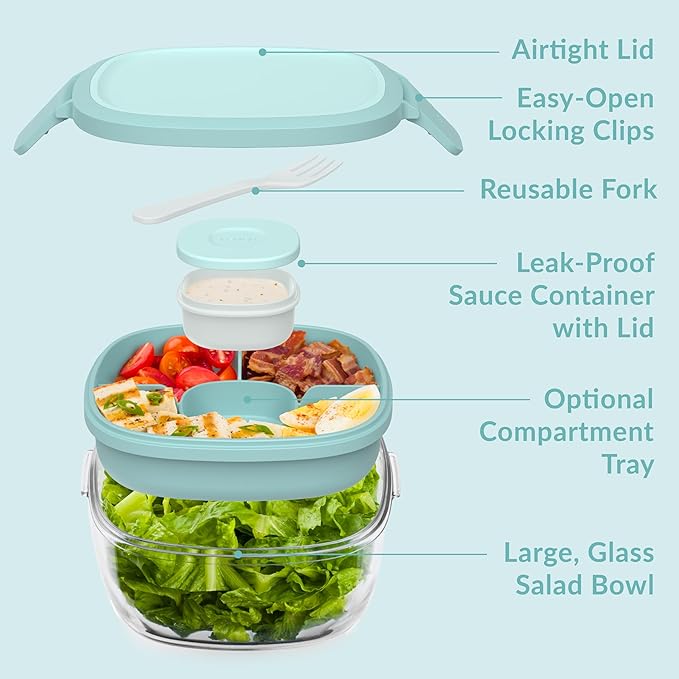 Bentgo Glass All-in-One Salad Container - Large 61-oz Salad Bowl with Lid, 4-Compartment Bento-Style Tray, 3-oz Sauce Container & Reusable Fork - Dishwasher, Microwave, Oven Safe (Coastal Seaglass)
