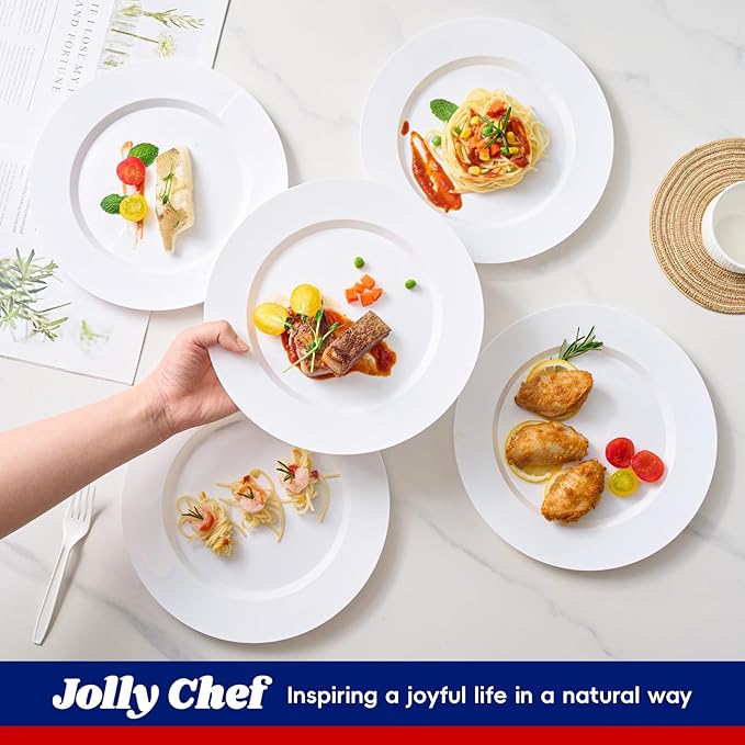 JOLLY CHEF 100 Pieces White Plastic Plates-10 Inch Elegant Disposable Plastic Plate, Disposable White for Weddings,Parties,Dinner,Birthdays and Events