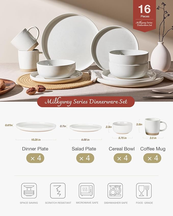 Famiware Milkyway Dinnerware Set with Mugs, Service for 4 (16pcs), Ribbed Stoneware Plates and Bowls Dishes Sets - Chip & Scratch Resistant, Microwave & Dishwasher Safe, White