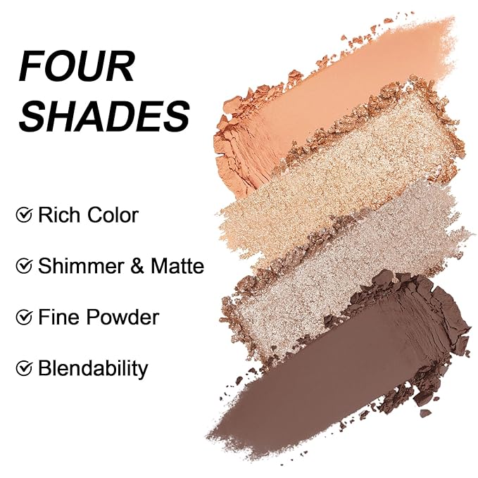 Erinde 4 Colors Eyeshadow Palette Eye Shadow Makeup, Matte Shimmer Metallic Peach Champagne Dark Brown Nude Neutral Eyeshadow, Long Wearing, Velvety Pigmented Blendable, Quad Eye Shadow Palette, 02-BrightBean Baby