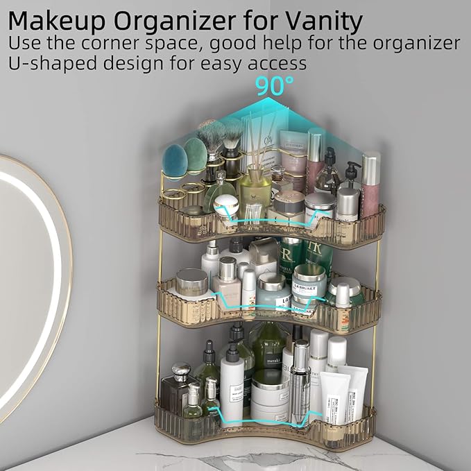 Corner Bathroom Counter Organizer with Top Toothbrush Holders, 3-Tier Make Up Organizers for Vanity with Brush Holder, Corner Storage for Bathroom, Kitchen, Dresser-BrightBean Baby