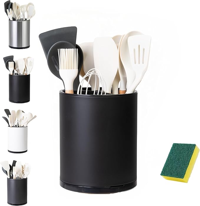 Utensil Holder,Large 360°Rotating Kitchen Utensil Holder For Counter,Cooking Silverware Organizer Stainless Steel Caddy Flatware Spoon Spatula Tool Cutlery Container
