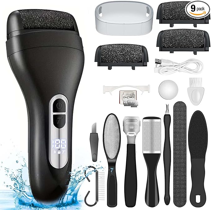Electric Callus Remover for Feet - with Larger Grinding Head, Portable Pedicure Kit Foot File Callus Remover, Rechargeable Waterproof Foot File for Foot Care Deadskin Remover LCD Display-Black-BrightBean Baby