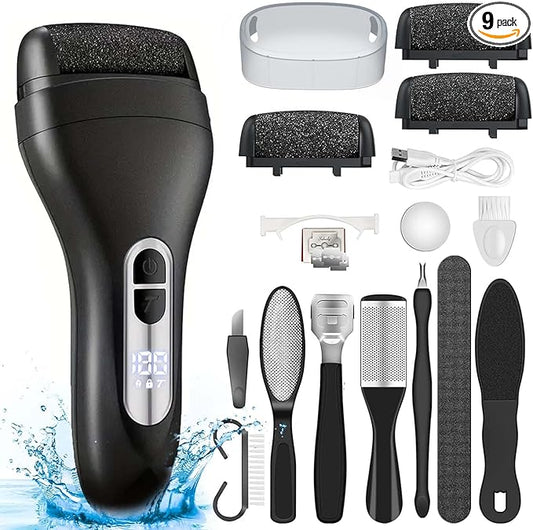 Electric Callus Remover for Feet - with Larger Grinding Head, Portable Pedicure Kit Foot File Callus Remover, Rechargeable Waterproof Foot File for Foot Care Deadskin Remover LCD Display-Black-BrightBean Baby