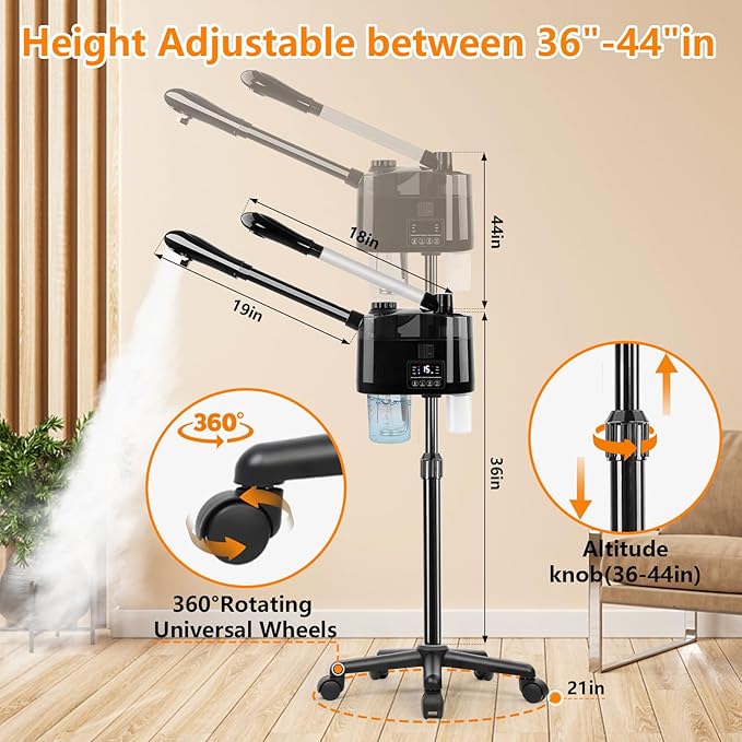 Professional Facial Steamer with Ozone and Hot & Cold Mist, Esthetician Steamer on Wheels, Face Humidifier for Facial Deep Cleaning, Digital Facial Steamer for Home and Salon, Black-BrightBean Baby