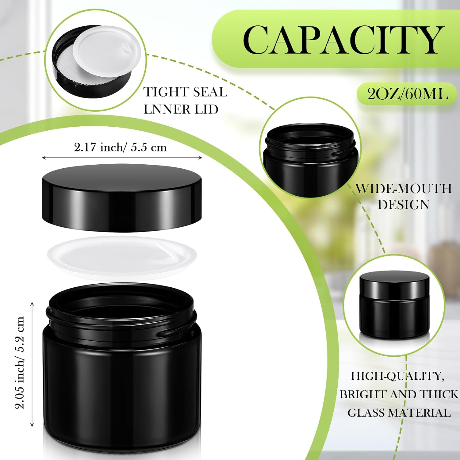 Domensi 32 Pcs 2 oz Glass Jars with Lids Travel Size Round Leakproof Empty Cosmetic Jars with Inner Liners Lid for Storing Makeup Lotions Face Cream Ointments Candle DIY Making (Black)-BrightBean Baby