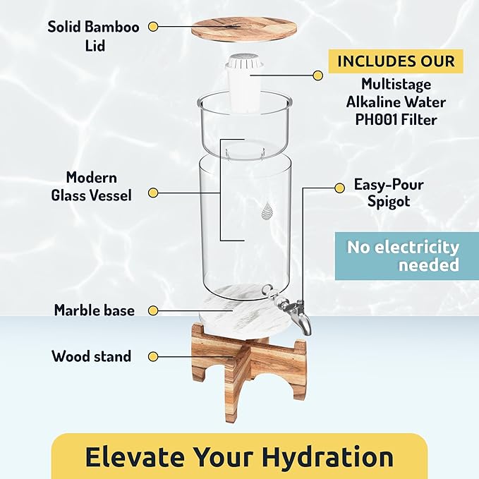 Invigorated Water pH Recharge Alkaline Water Filter Dispenser – BPA-Free Glass Countertop Water Filter Pitcher Purifier for Home & Office, 36-Cup Capacity, 360L Long Filter Life (Acacia/Marble)
