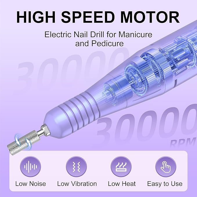 Professional Electric Nail Drill File:COSYGLOW Glitter Portable Cordless E-File Nail Drill Kit with 11 Drill Bits,30000 RPM Rechargeable Nail Drills Machine for Acrylic Nails Gel Polishing(Purple)-BrightBean Baby