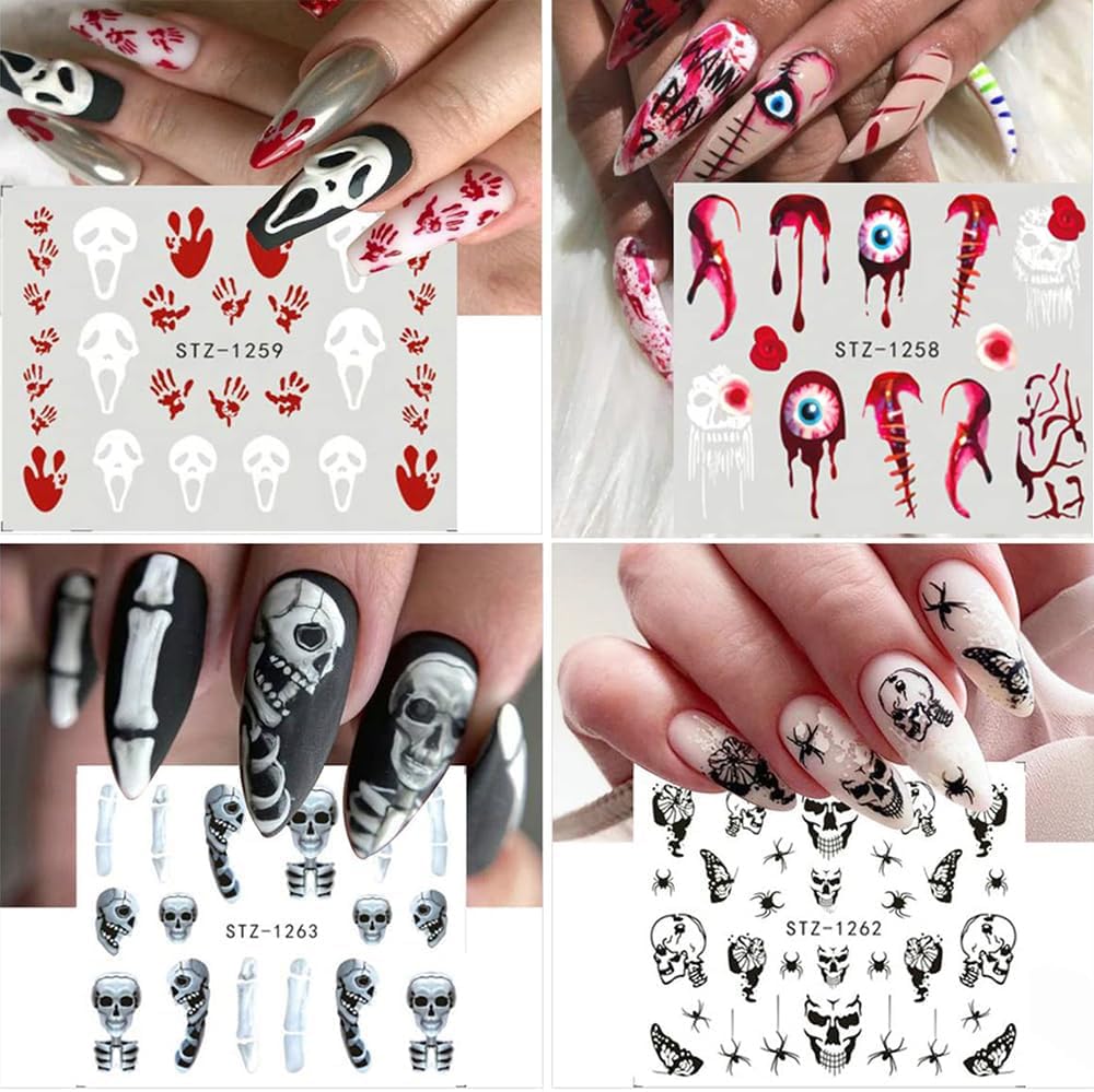 12 Sheets Halloween Nail Art Sticker Decals Horror Water Transfer Nails Foils Pumpkin Ghost Skull Spider Blood Evil Eye Halloween Design Nail Art Decoration Nail Slider Decal for Women DIY Nail Supply-BrightBean Baby