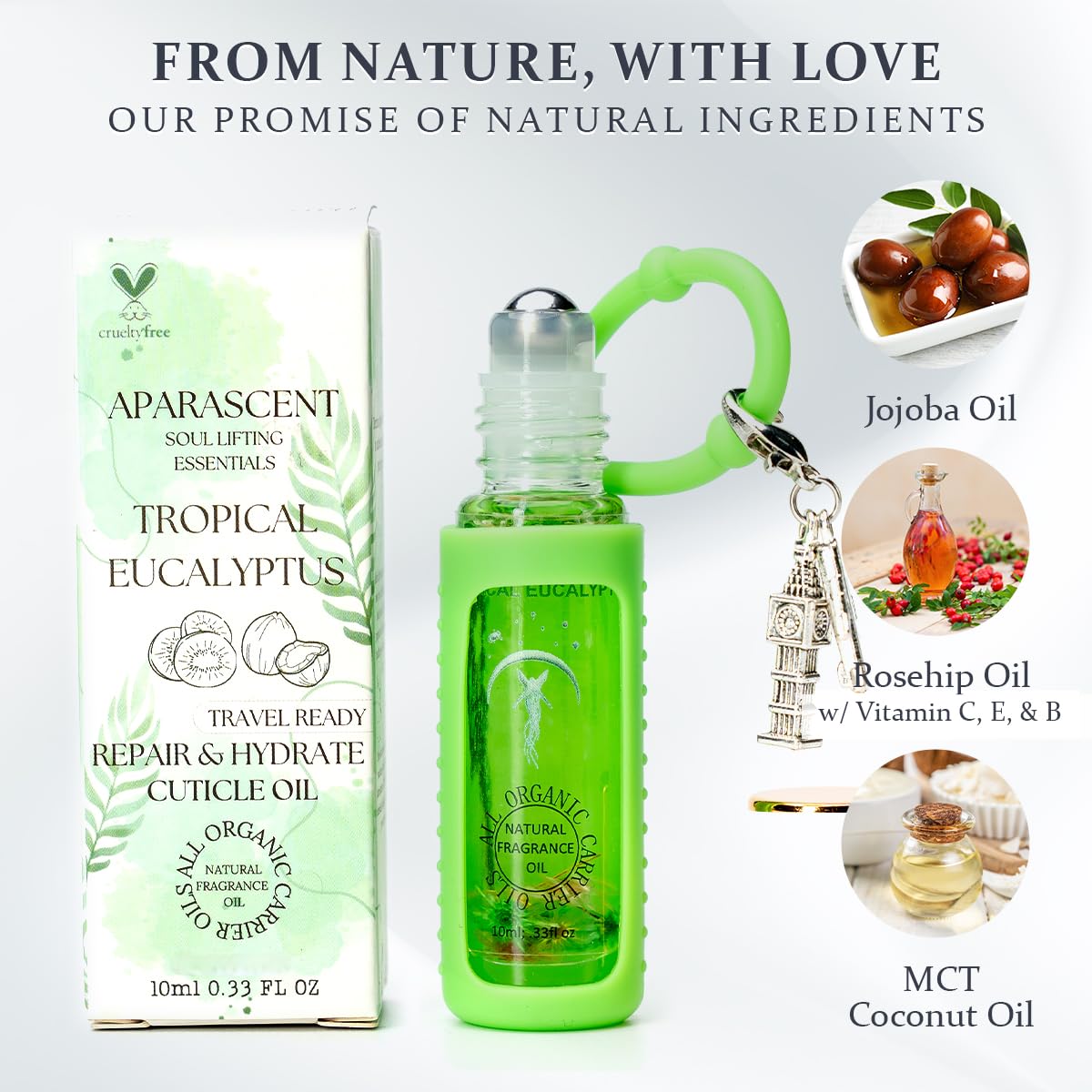 Tropical Eucalyptus Organic Nail Cuticle Oil Pen with Jojoba, Coconut MCT, and Rosehip for Nail Hydration, Growth & Strength, Travel Size Keychain(0.34 Fl Oz)-BrightBean Baby