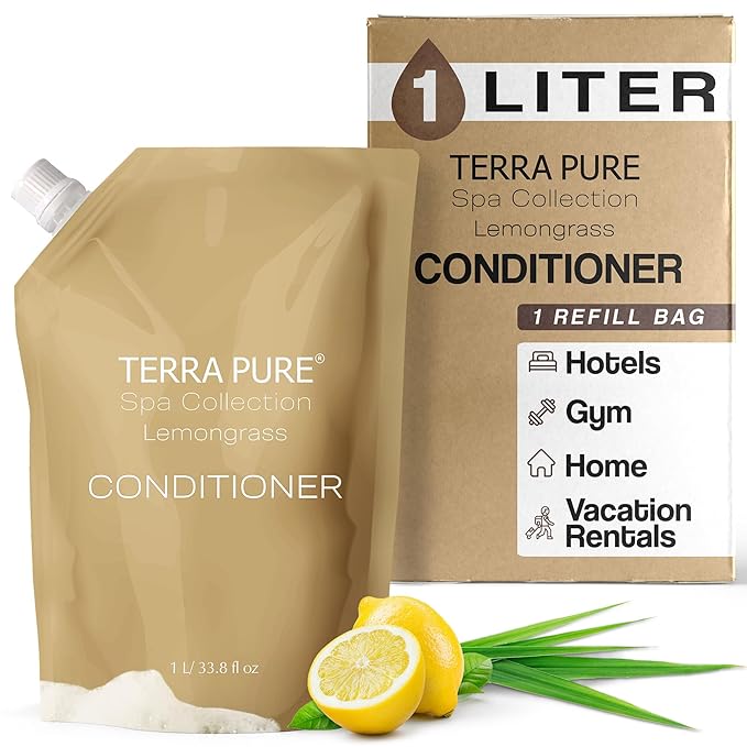 Terra Pure Spa Collection 1 Liter Conditioner Refill Bag For Soap Dispensers | Bulk Toiletries for Vacation Rentals, and Home Bathroom Showers | Green Tea Lemongrass | Single-BrightBean Baby