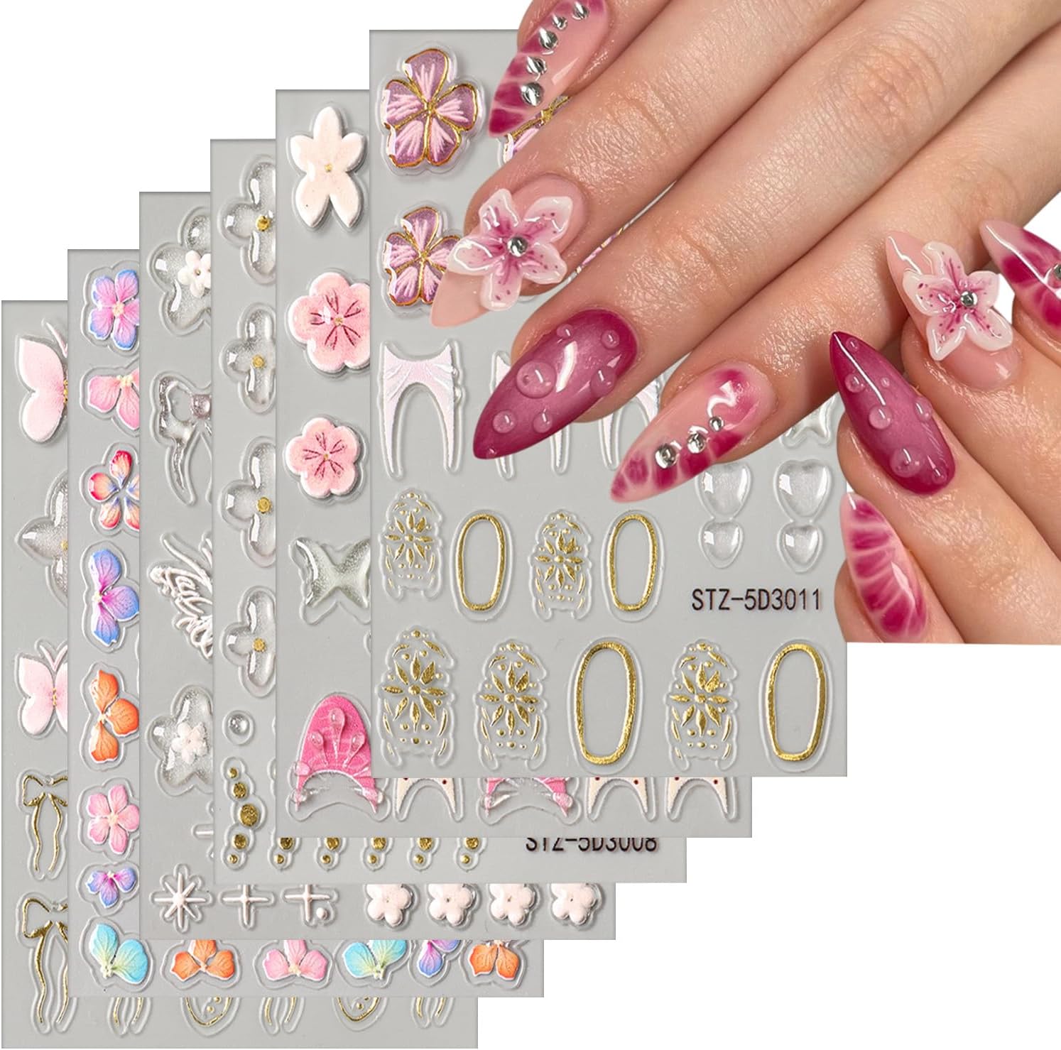 6 Sheets Flower Nail Art Stickers 5D Self-Adhesive Nails Sticker Floral Butterfly Nail Art Decals Holographic Decal Decoration for Women Golden Bow Manicure Stickers DIY Nail Sticker Supplies-BrightBean Baby
