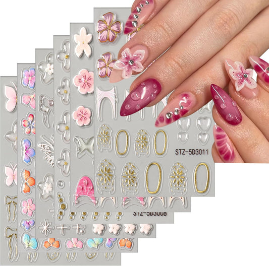 6 Sheets Flower Nail Art Stickers 5D Self-Adhesive Nails Sticker Floral Butterfly Nail Art Decals Holographic Decal Decoration for Women Golden Bow Manicure Stickers DIY Nail Sticker Supplies-BrightBean Baby