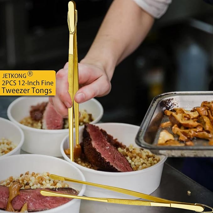 JETKONG 2 Pcs 12-Inch Cooking Tweezers Stainless Steel Food Tweezers Kitchen Tweezer Tongs (Gold)