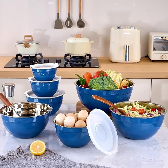 Blue Mixing Bowls with Lids Set of 7, Stainless Steel Nesting Bowl with Khaki Lid for Non-slip Mixing Prepping Storing Serving, 7 Sizes-7/3.6/2.7/2.1/1.5/1/0.8 QT