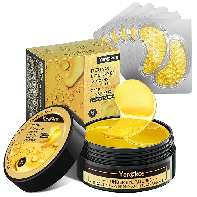 60 Pcs 24K Gold Under Eye Patches with 5 Pieces Travel 24K Golden Eye Mask, 30 Pairs Women Undereye Mask for Dark Circles Puffy Eyes Treatment, Men Gel Pads Hydrating for Puffiness Wrinkle-BrightBean Baby