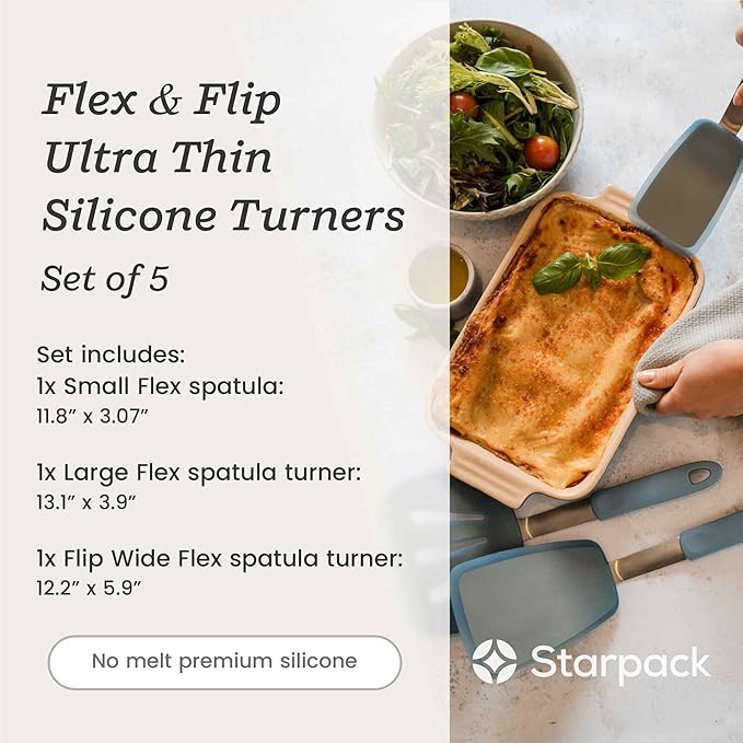 Starpack 'Flex & Flip' Flexible Silicone Turner Spatula Set (3 Pcs) - High Heat Resistant Spatulas for Cooking Egg 600°F - Silicone Pancake Turner Spatula, LFGB Grade Non Stick Rubber Kitchen Utensils