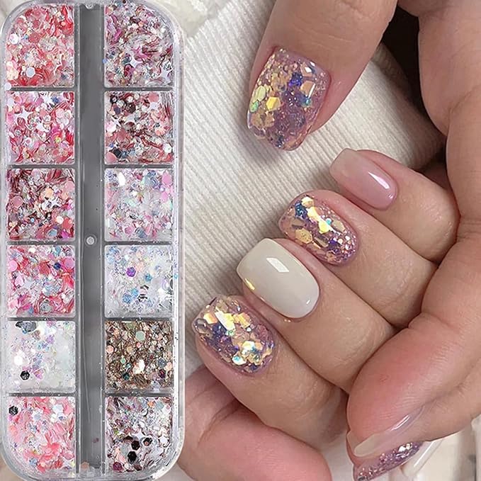 12 Grids Star Nail Art Glitter Sequins Heart Shaped Mermaid Nail Sequins Holographic Mermaid Nail Flakes Sticker Sequin Heart Nail Art Glitter for Women DIY Acrylic Nail Decoration-BrightBean Baby