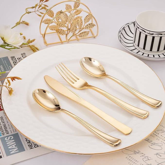 Liacere 200Pcs Gold Plastic Silverware-Gold Plastic Cutlery - Disposable Silverware include 100 Forks 50 Spoons 50 Knives Perfect for Parties&Weddings&Restaurants&Thanksgiving&Fall Decor