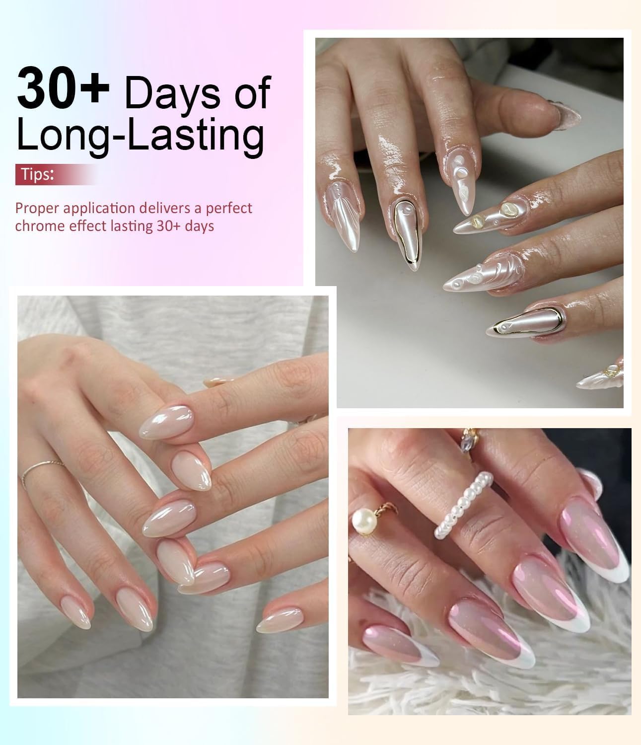 3D Gel Nail Art Design BISHENGYF - 15g Clear No Wipe Nail Polish Rhinestone Nail Art Glue with White Silver Chrome Powder Metallic Mermaid Effect Nail Powder for Nail DIY-BrightBean Baby